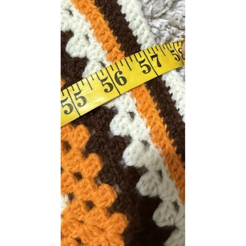 Granny Square Crocheted Afghan Blanket MCM Orange Cream Brown 31.5x57.5
